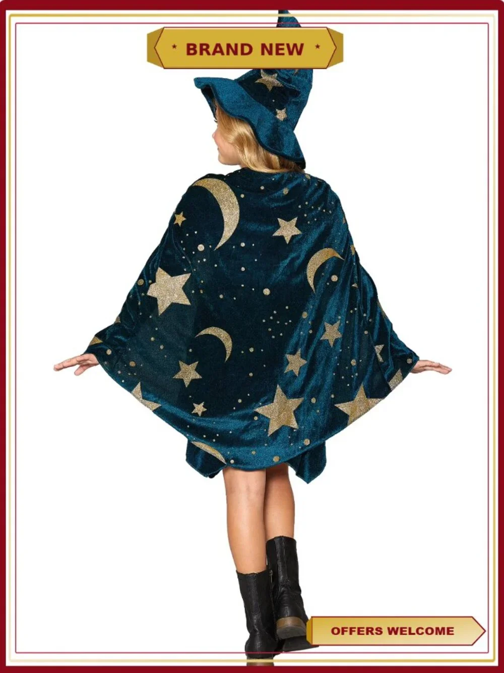 Girls Spellbound Wizard Halloween Costume Velvet Dress Cape Hat Size M